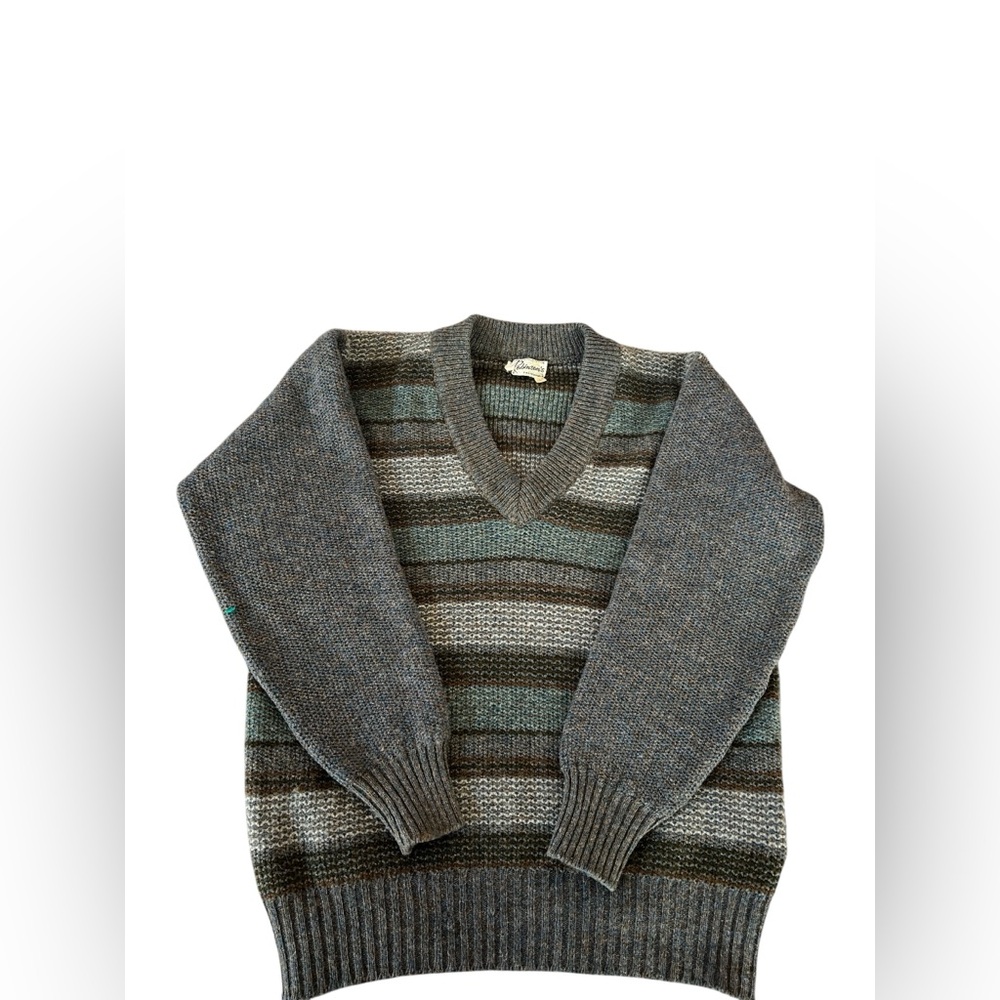 Vintage Sabre English Sweater V-Neck Multi-Tone Knit Pullover Size L